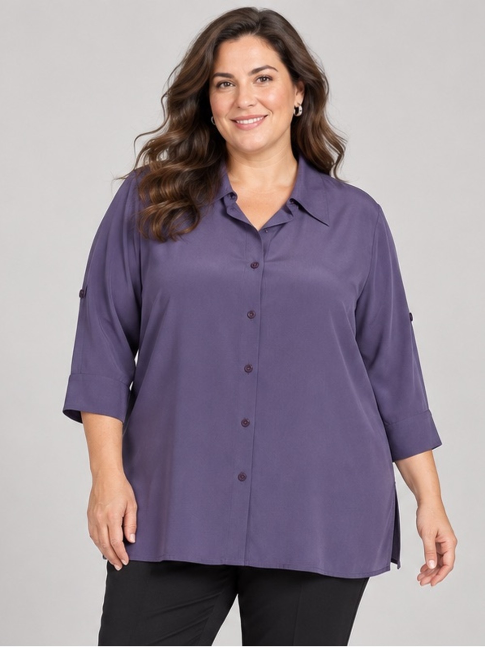 Coldwater Creek Womens XL Purple 100% Silk Button Down Tunic Blouse Roll Tab